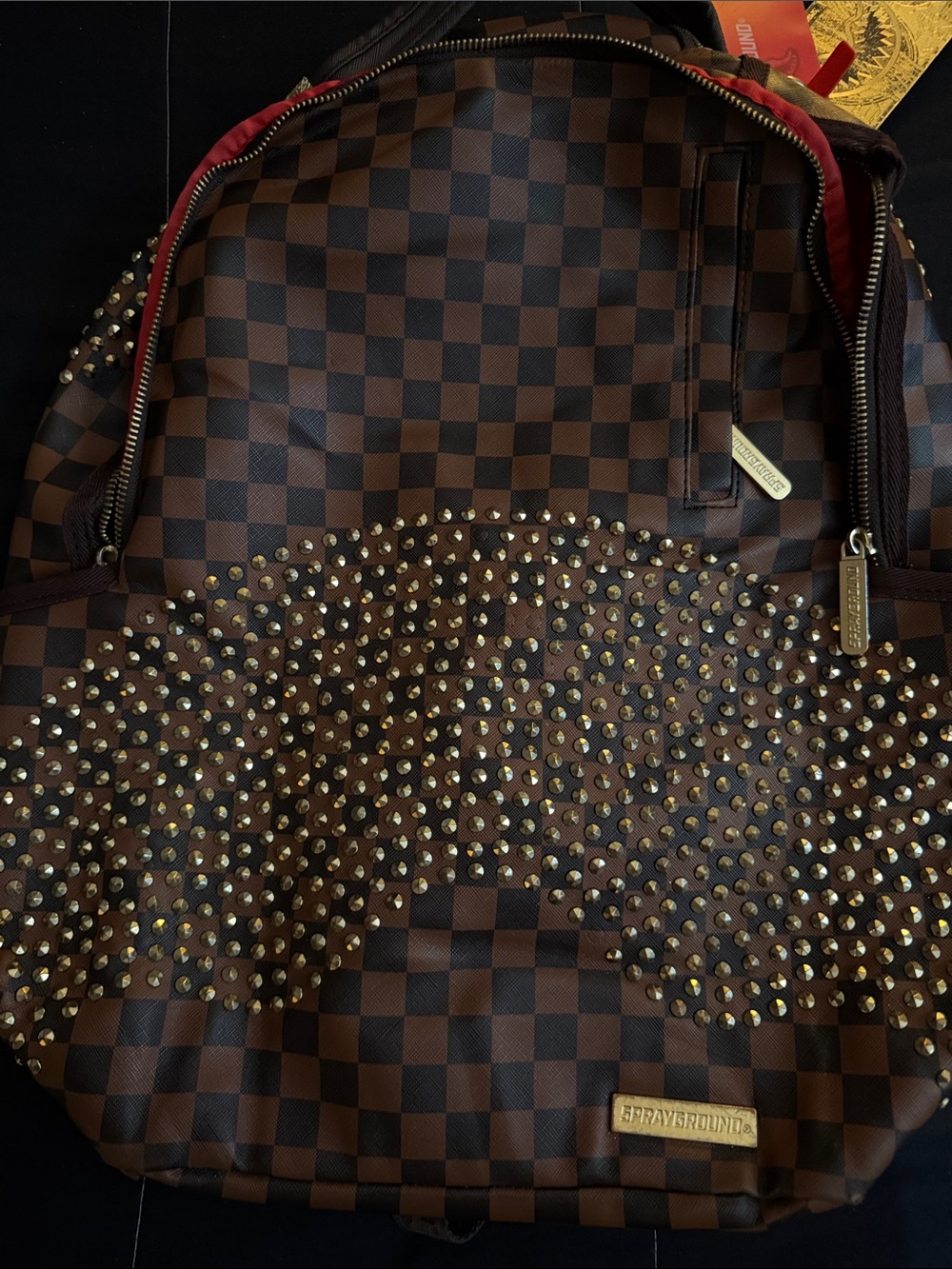 Sprayground Brown Checkered Studded Backpack with Gold Accents